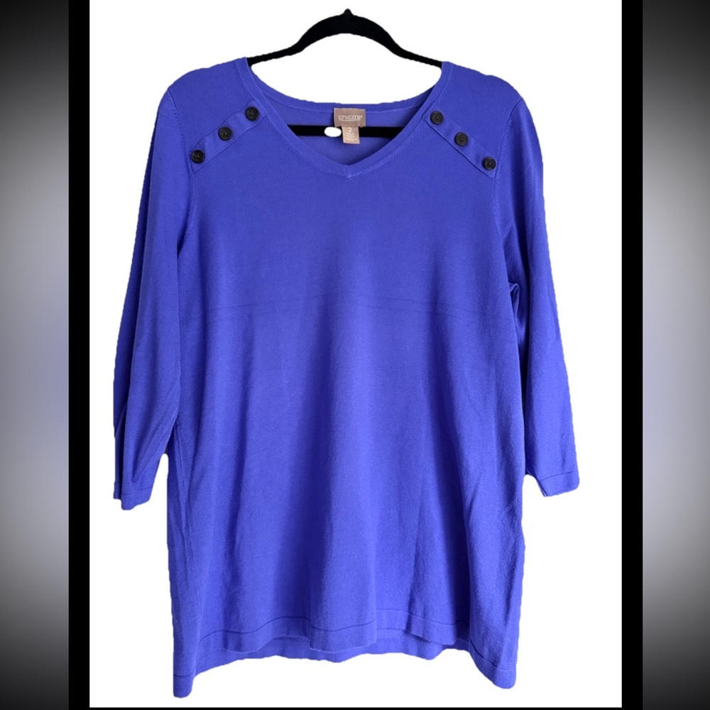 CHICOS Blueberry V-Neck Jersey Tunic Pullover Button Detail Sz 12 NWT